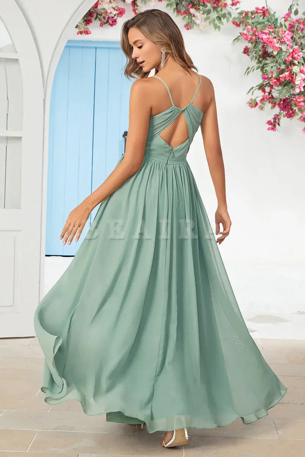 Beaira Matcha Spaghetti Straps Corset Long Bridesmaid Dress With Criss Cross Back Bridesmaid dress shop