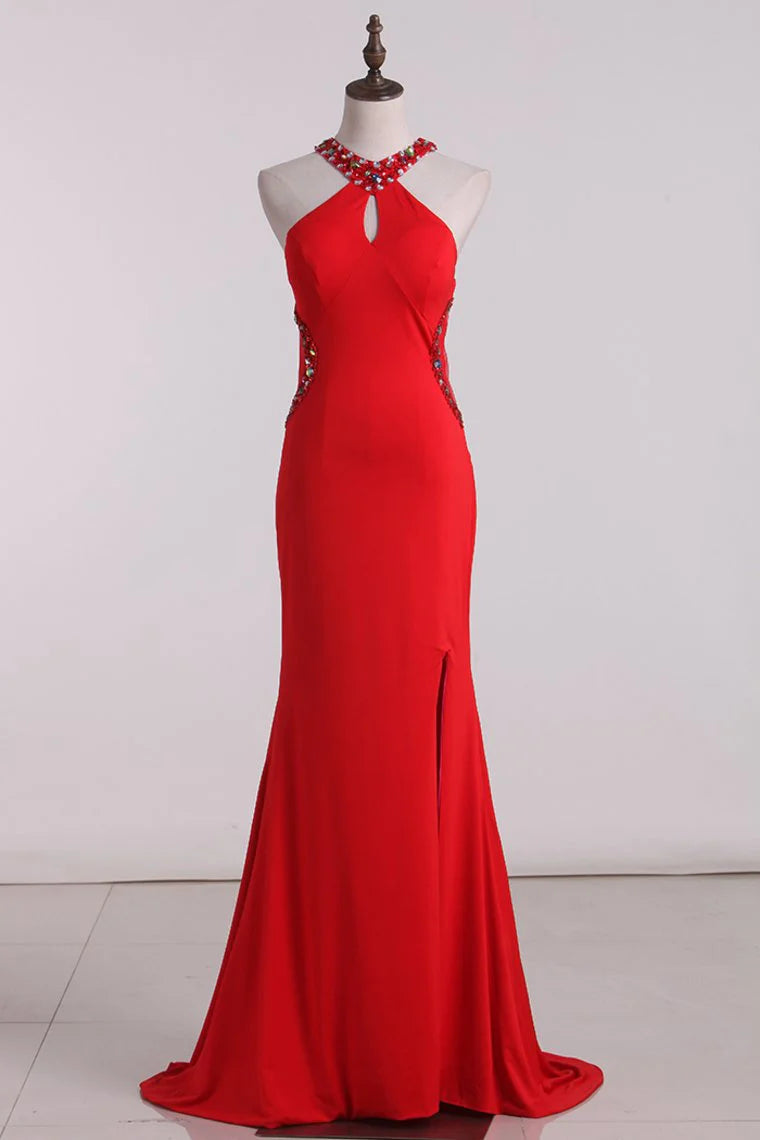 Mermaid Halter Party Dresses Spandex With Beads And Slit