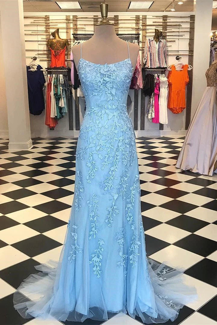 Mermaid Red Spaghetti Straps Red Lace Appliques Fashion Prom Dresses Long Cheap Evening Dresses