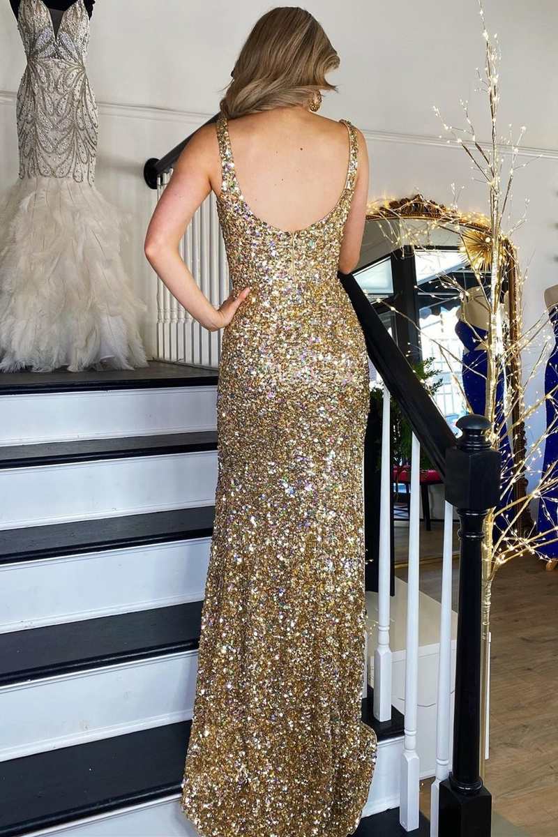 Mermaid Straps Gold Sequin Square Neck Backless Long Prom Dress with Slit