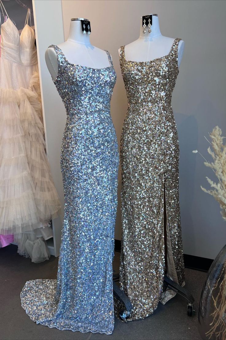 Mermaid Straps Gold Sequin Square Neck Backless Long Prom Dress with Slit
