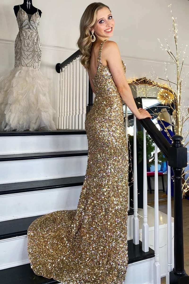 Mermaid Straps Gold Sequin Square Neck Backless Long Prom Dress with Slit