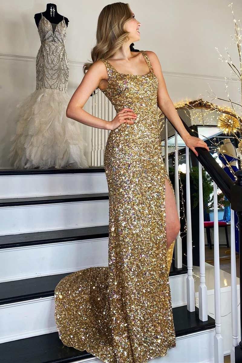 Mermaid Straps Gold Sequin Square Neck Backless Long Prom Dress with Slit