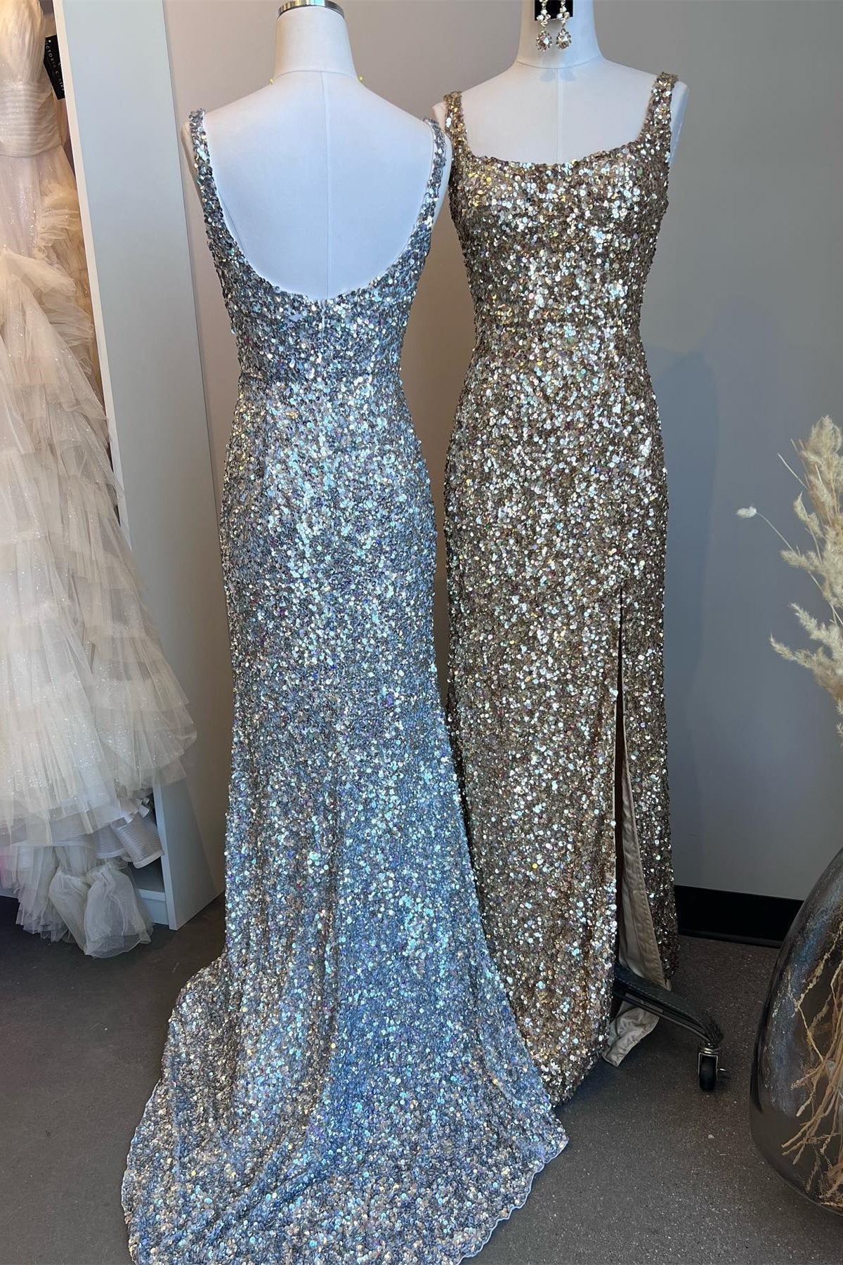 Mermaid Straps Gold Sequin Square Neck Backless Long Prom Dress with Slit