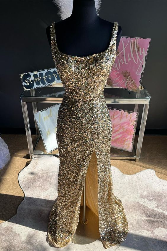 Mermaid Straps Gold Sequin Square Neck Backless Long Prom Dress with Slit