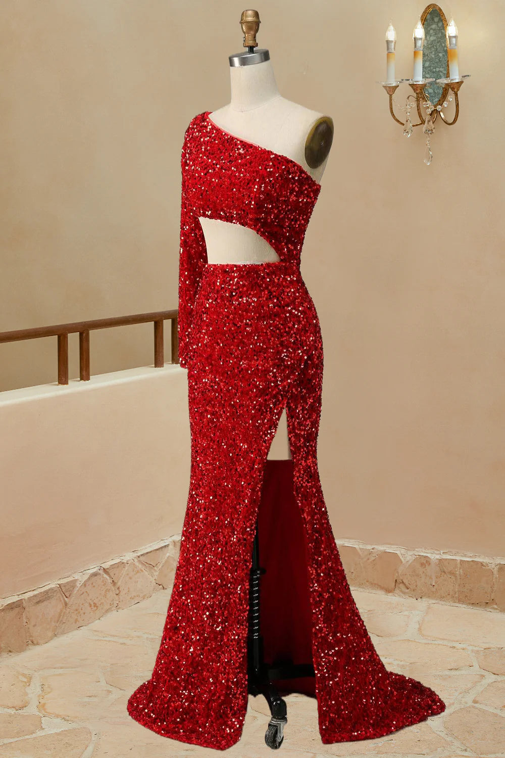 Mermaid Cut Out Red One Shoulder Sequin Prom Dress With Front Split