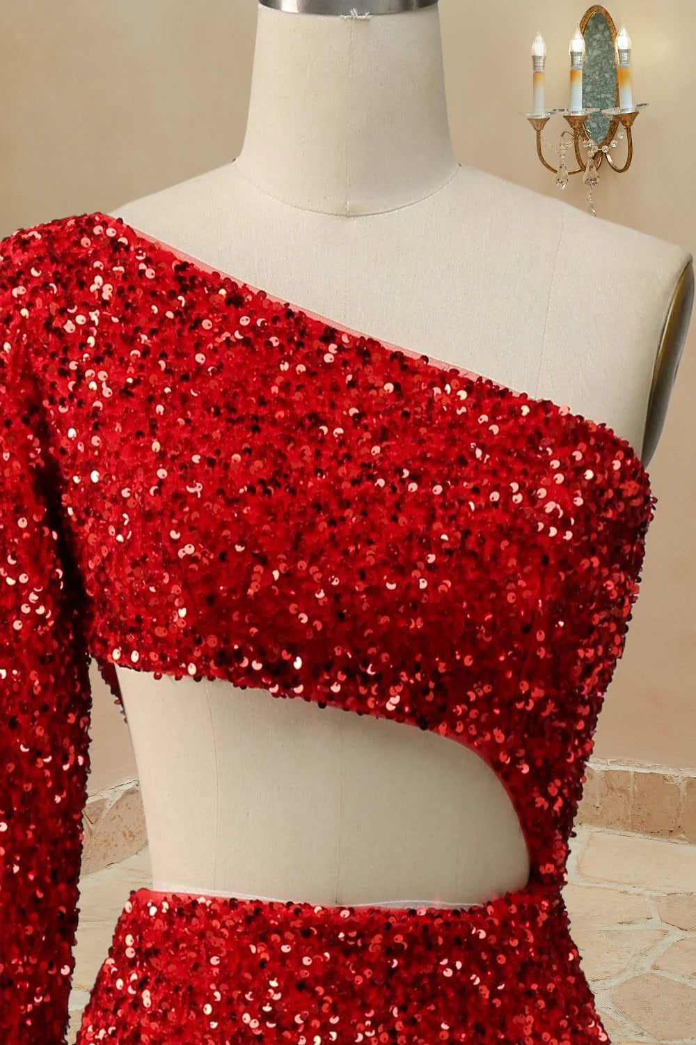 Mermaid Cut Out Red One Shoulder Sequin Prom Dress With Front Split