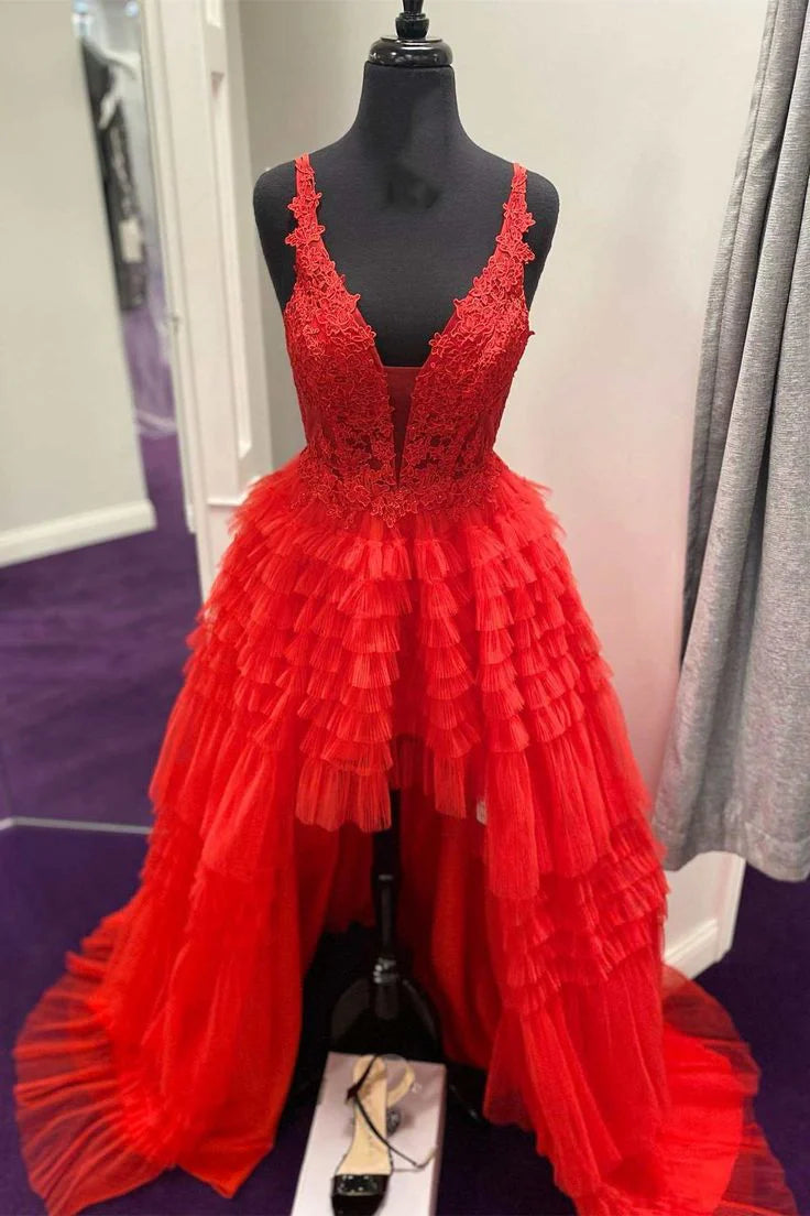 V Neck Tulle High Low Prom Dresses With Applique