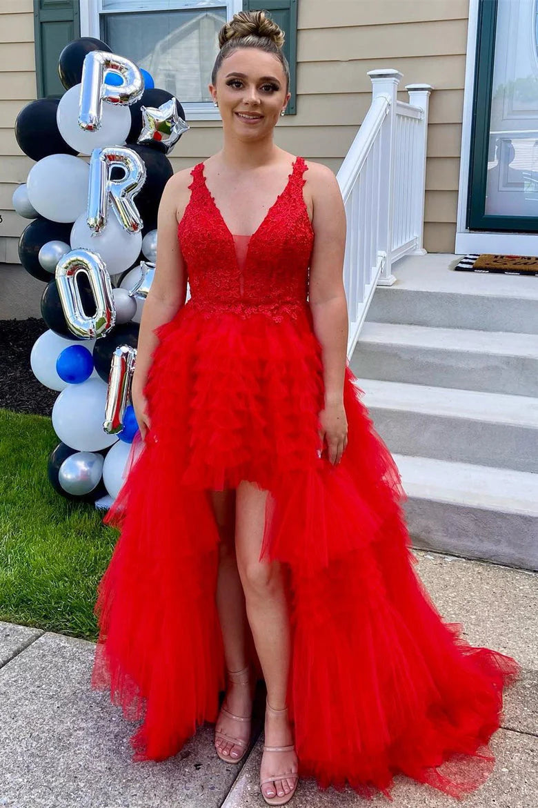 V Neck Tulle High Low Prom Dresses With Applique