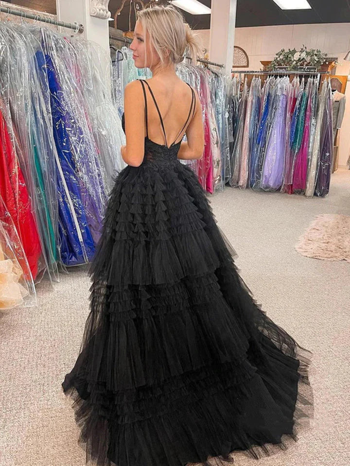 V Neck Tulle High Low Prom Dresses With Applique