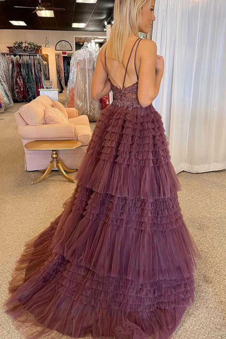 V Neck Tulle High Low Prom Dresses With Applique
