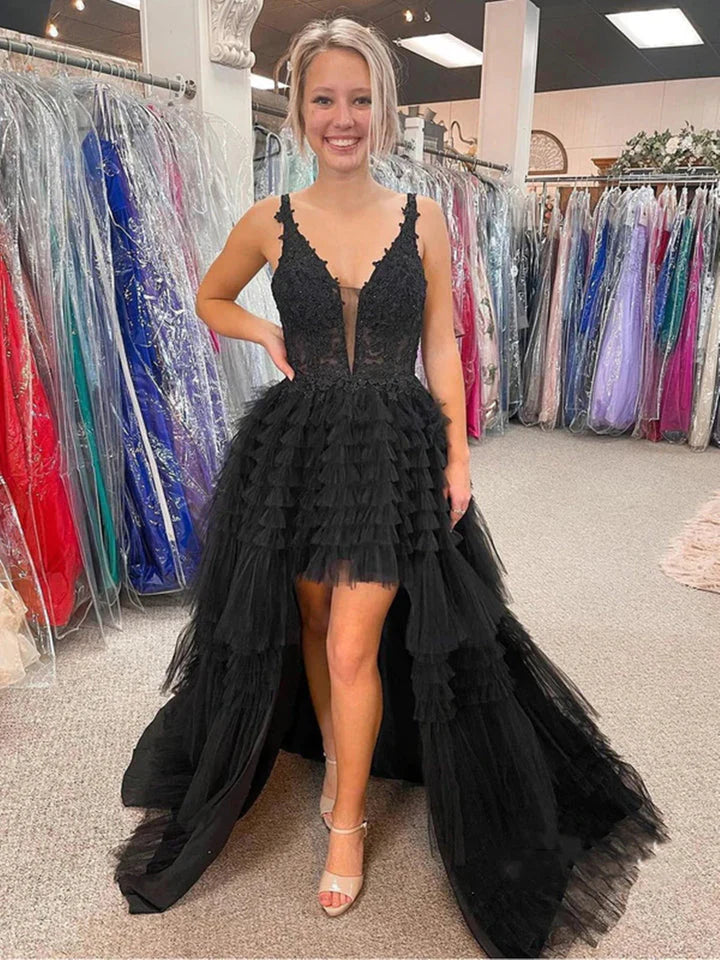 V Neck Tulle High Low Prom Dresses With Applique