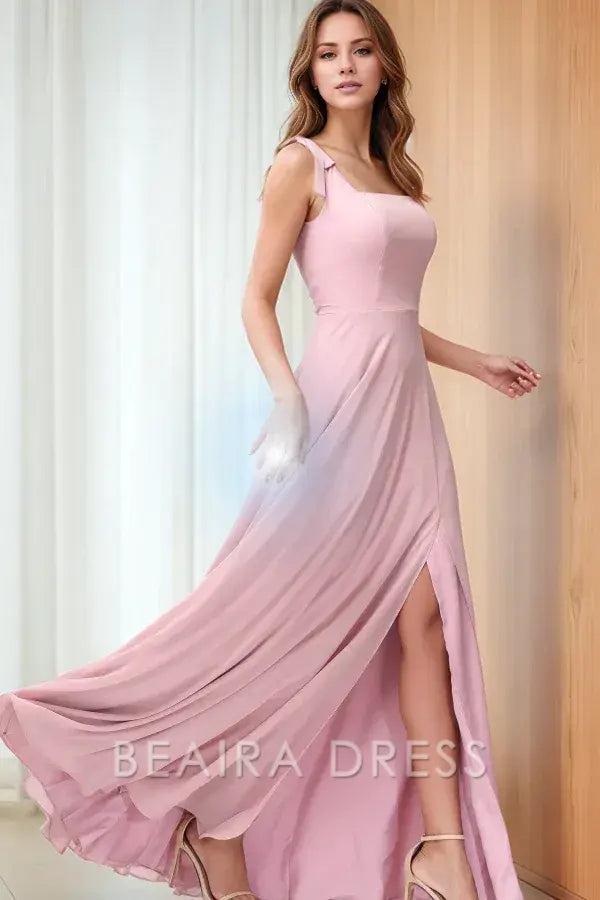 Beaira Modern A-Line Square Straps Sleeveless Chiffon Prom Party Dress High Side Slit and Train Bridesmaids Dress Cocktail Gown