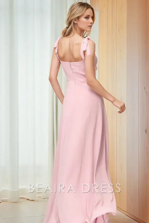 Beaira Modern A-Line Square Straps Sleeveless Chiffon Prom Party Dress High Side Slit and Train Bridesmaids Dress Cocktail Gown