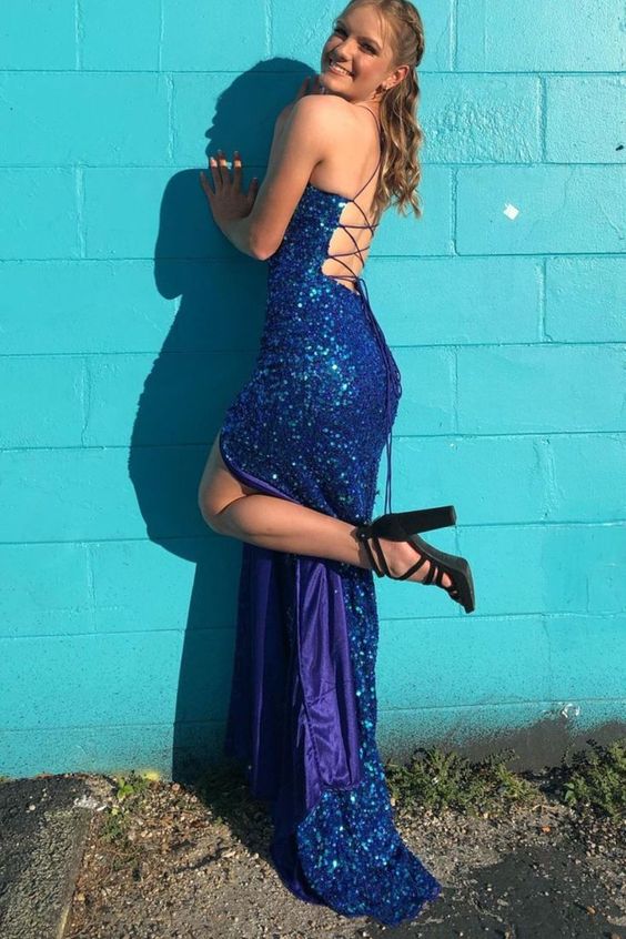 New Arrival Spaghetti Straps Sequins Mermaid Prom Dresses With Split