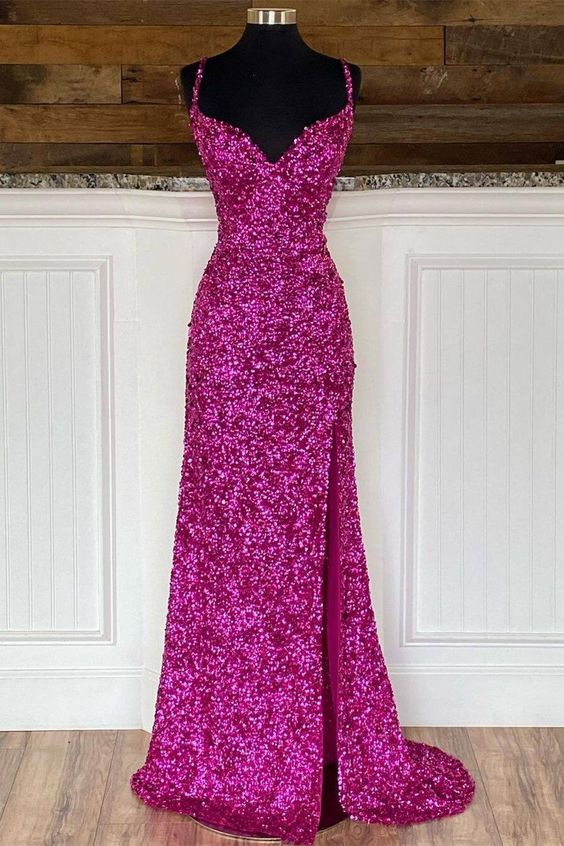 V Neck Sequin Mermaid Long with Slit Prom Dresses
