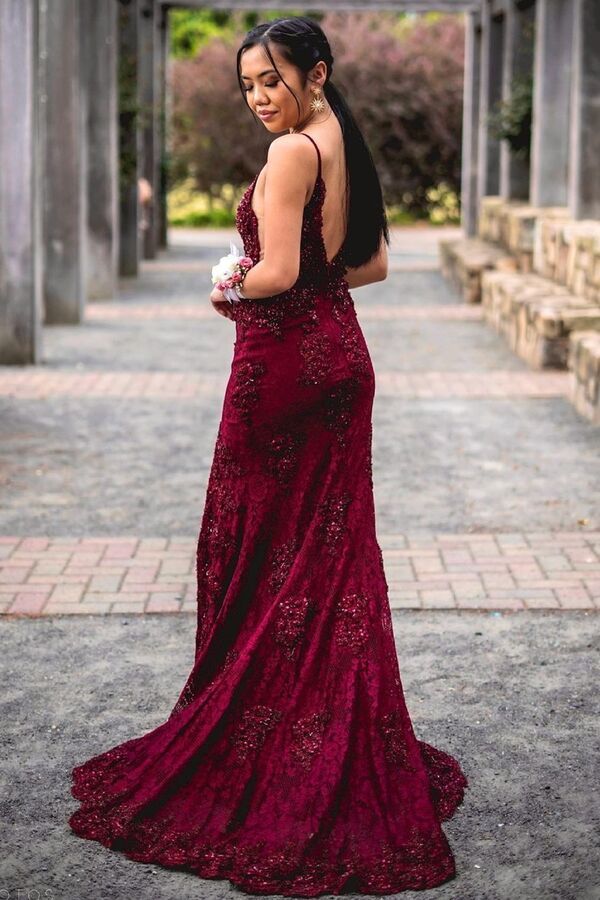 V-Neckline Backless Prom Dress Dark Burgundy Evening Formal Gowns