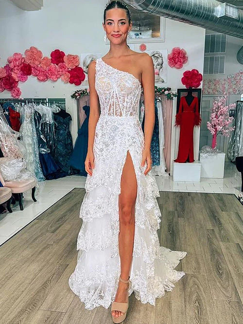 New Style One Shoulder A Line Tulle Sequin-Embroidery Tiered Prom Dresses with Slit