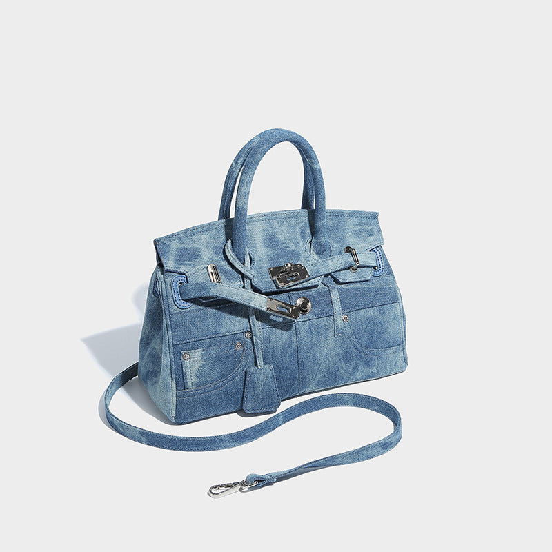 Beaira Small niche retro denim Kelly bag women's new high-end fashion handbag large capacity single shoulder crossbody bag