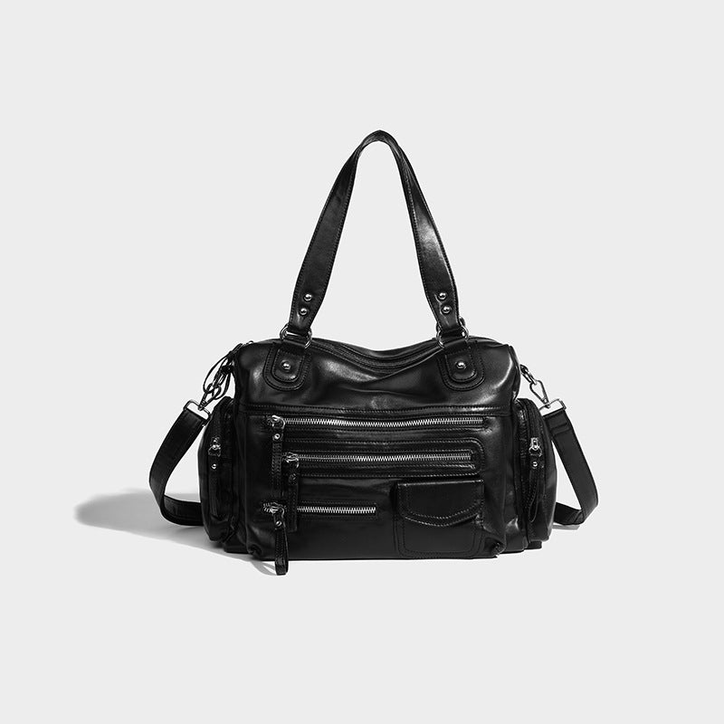 Beaira Black retro zipper motorcycle bag new casual soft handbag light luxury college style single shoulder crossbody bag