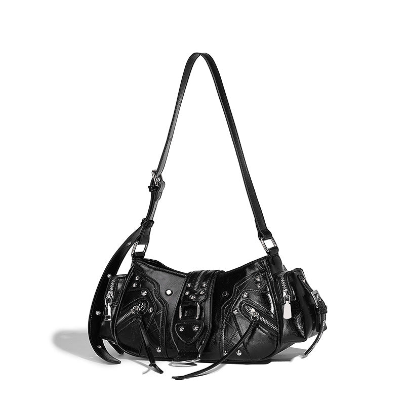 Beaira European and American retro motorcycle style handbag fashionable niche rivet shoulder bag multi pocket design oil wax leather crossbody bag