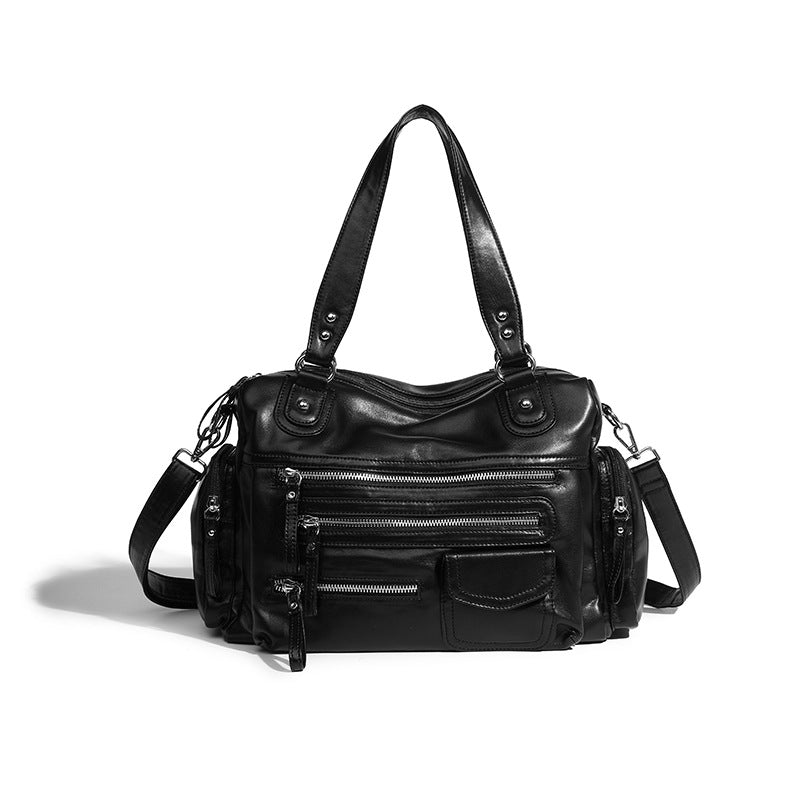 Beaira Black retro zipper motorcycle bag new casual soft handbag light luxury college style single shoulder crossbody bag