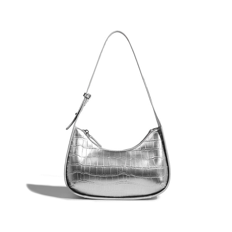 Beaira Celebrity style crocodile patterned silver underarm bag for women's summer new high-quality hand-held single shoulder crescent bag