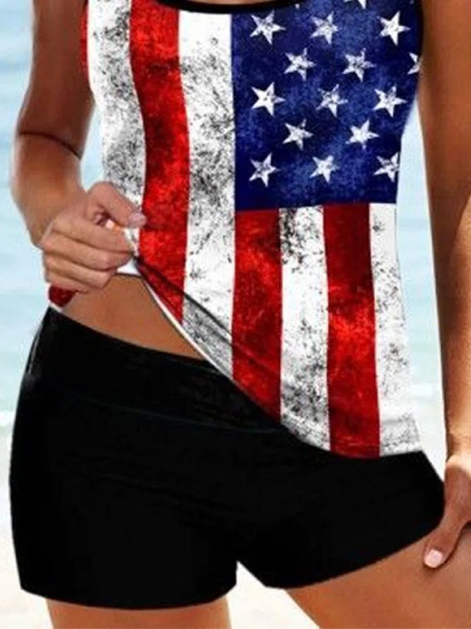 Women's Swimwear Tankini 2 Piece American Flag Print Vacation Bathing Suits