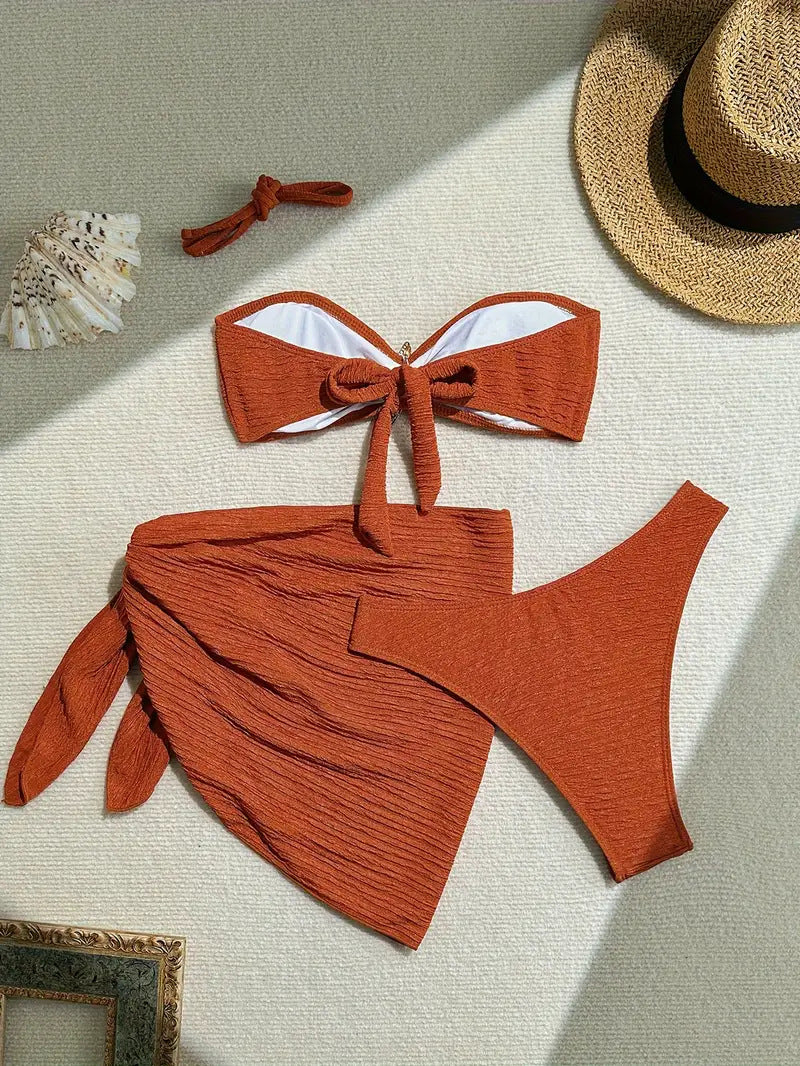 Beaira European and American new bikini solid color swimsuit three piece strapless beach skirt cross-border bikini women