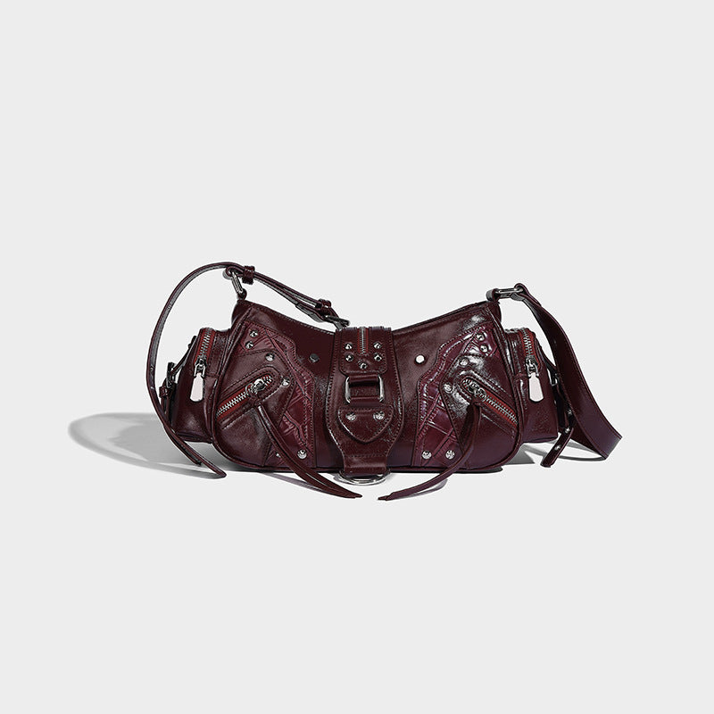 Beaira European and American retro motorcycle style handbag fashionable niche rivet shoulder bag multi pocket design oil wax leather crossbody bag