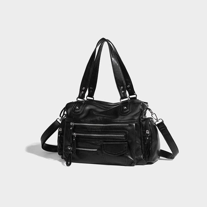 Beaira Black retro zipper motorcycle bag new casual soft handbag light luxury college style single shoulder crossbody bag