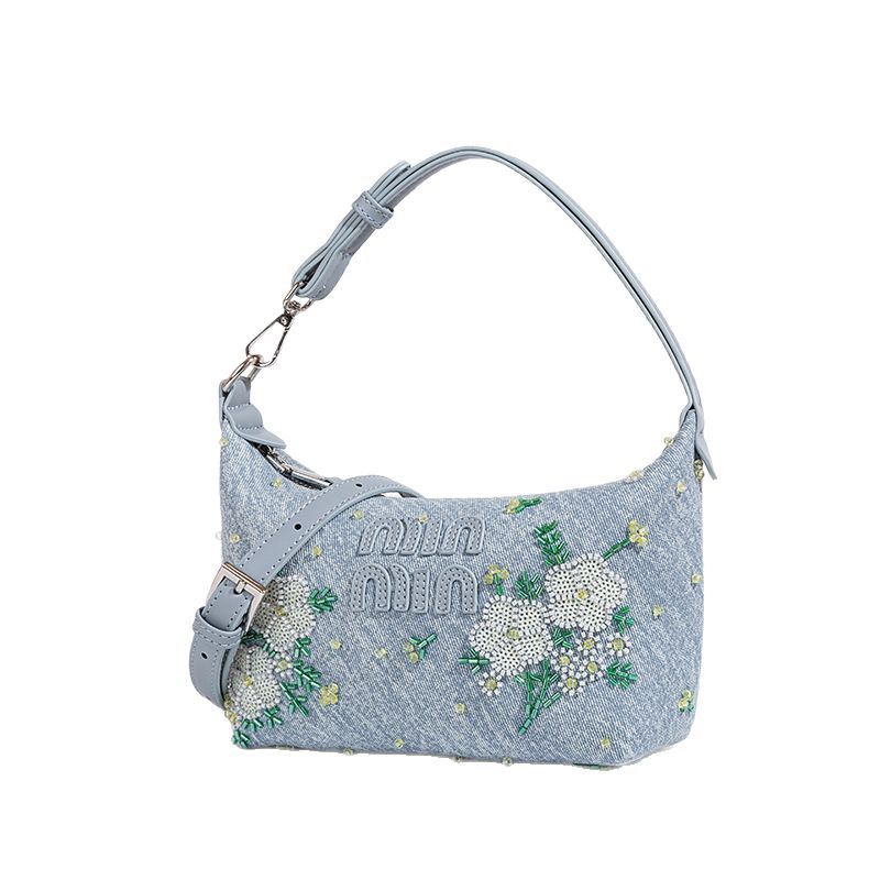 Beaira Niche Chinese style nail bead flower embroidery hand-held dumpling bag new denim casual versatile single shoulder crossbody bag