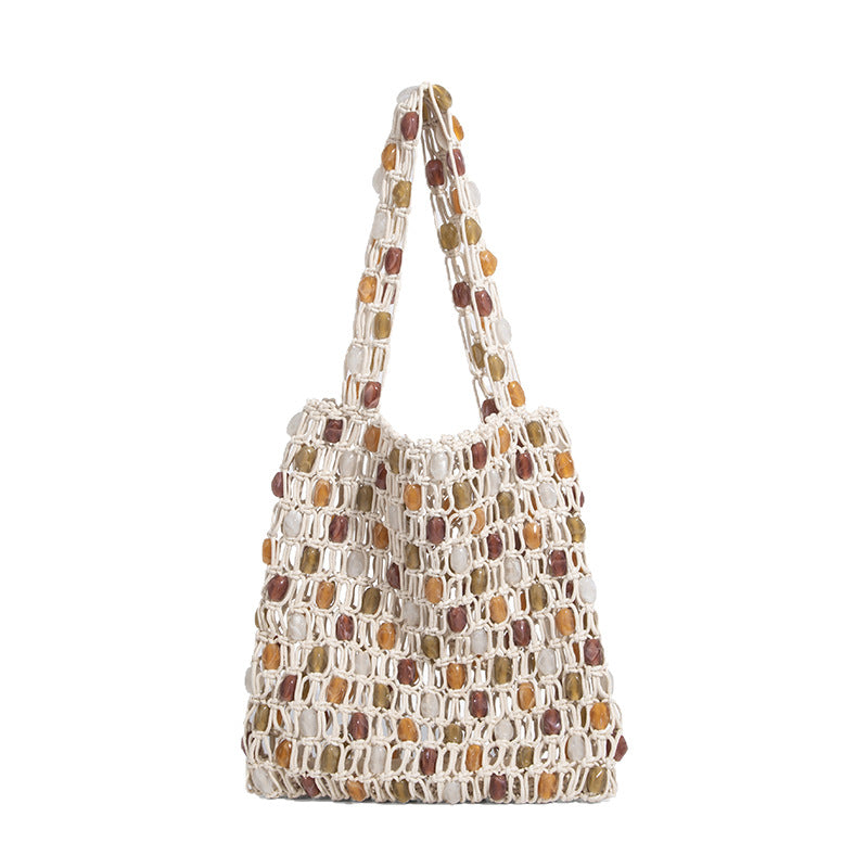 Beaira New cross-border handmade bead bag niche woven contrasting tote bag bead mesh bag single shoulder handbag