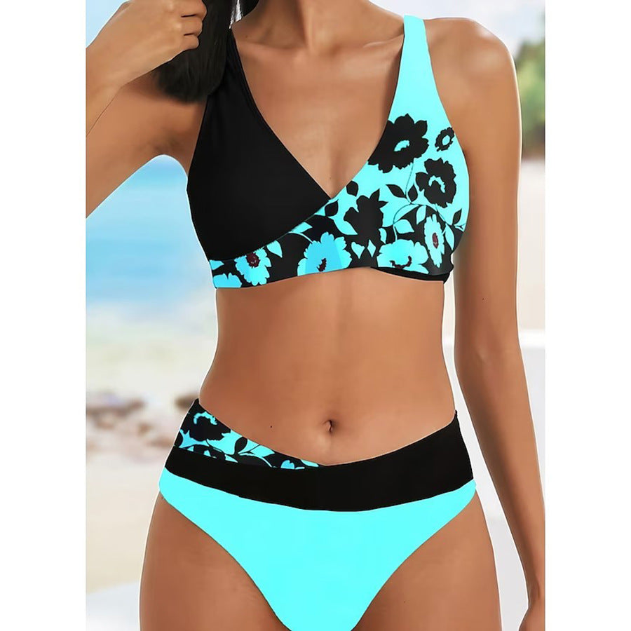 Women's Normal Swimwear Bikini 2 Piece Swimsuit 2 Piece Sexy Floral Color Block V Wire Vacation Beach Wear Bathing Suits
