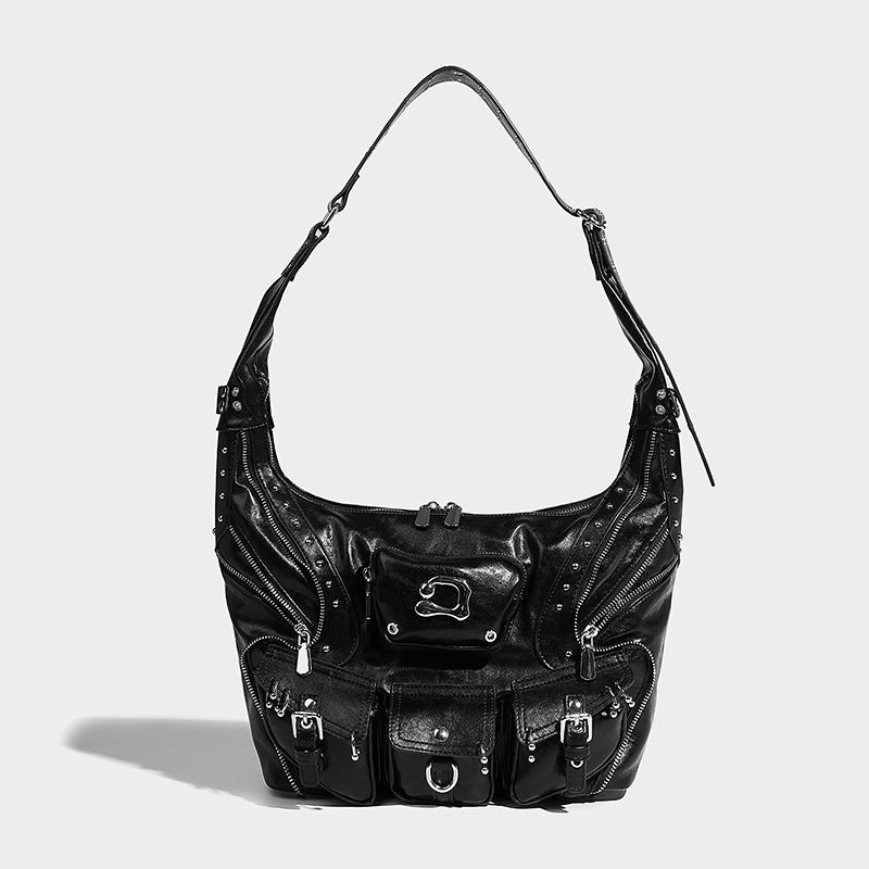 Beaira Sweet Cool Spicy Girl Fashion Versatile Single Shoulder Underarm Motorcycle Bag Heavy duty Rivet Multi Pocket Design Large Capacity Handbag