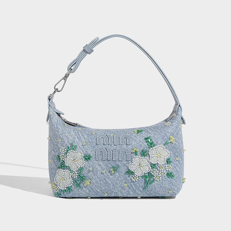 Beaira Niche Chinese style nail bead flower embroidery hand-held dumpling bag new denim casual versatile single shoulder crossbody bag