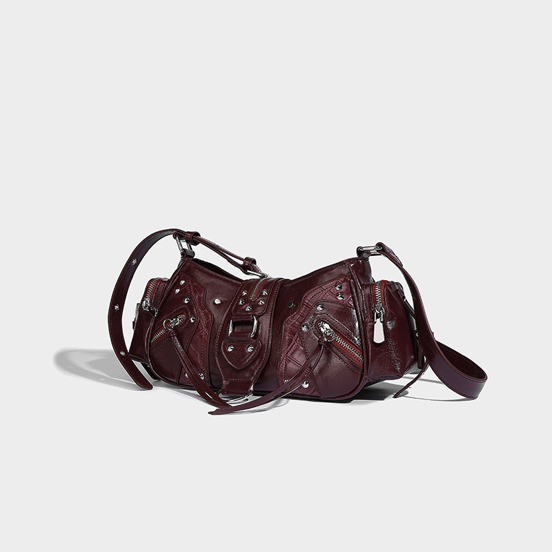 Beaira European and American retro motorcycle style handbag fashionable niche rivet shoulder bag multi pocket design oil wax leather crossbody bag