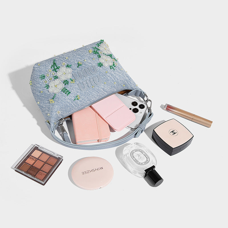 Beaira Niche Chinese style nail bead flower embroidery hand-held dumpling bag new denim casual versatile single shoulder crossbody bag