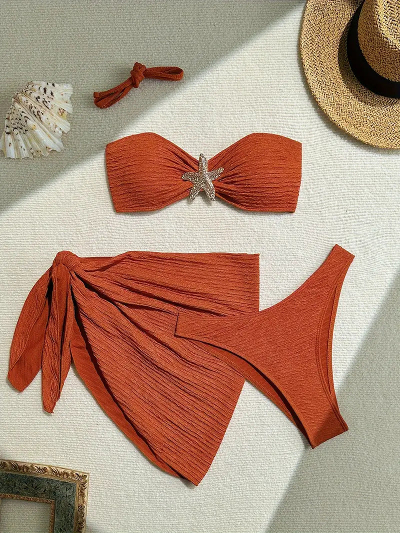 Beaira European and American new bikini solid color swimsuit three piece strapless beach skirt cross-border bikini women
