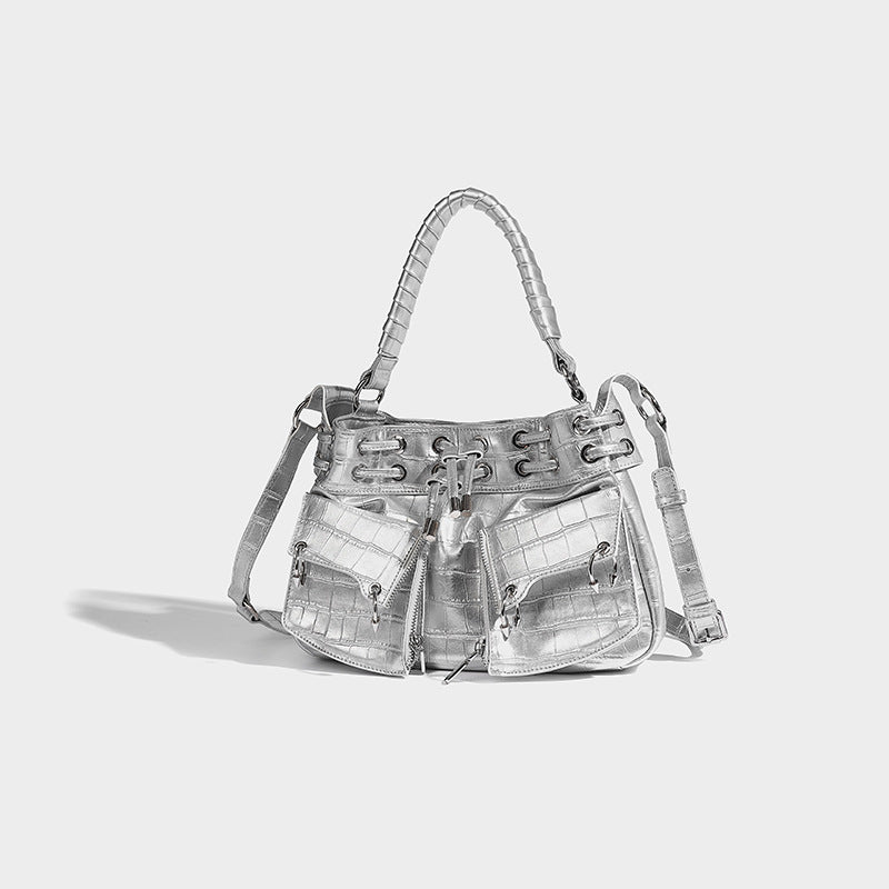 Beaira Summer new niche high-end silver crescent bag fashionable and versatile one shoulder armpit bag spicy girl motorcycle bag
