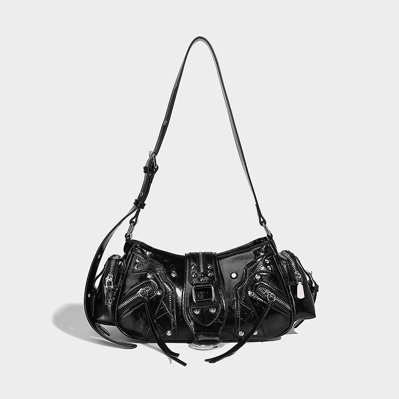 Beaira European and American retro motorcycle style handbag fashionable niche rivet shoulder bag multi pocket design oil wax leather crossbody bag