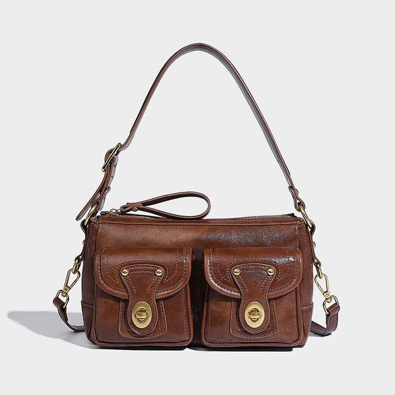 Beaira American retro niche design armpit bag double pocket handbag versatile for autumn and winter single shoulder sloping motorcycle bag