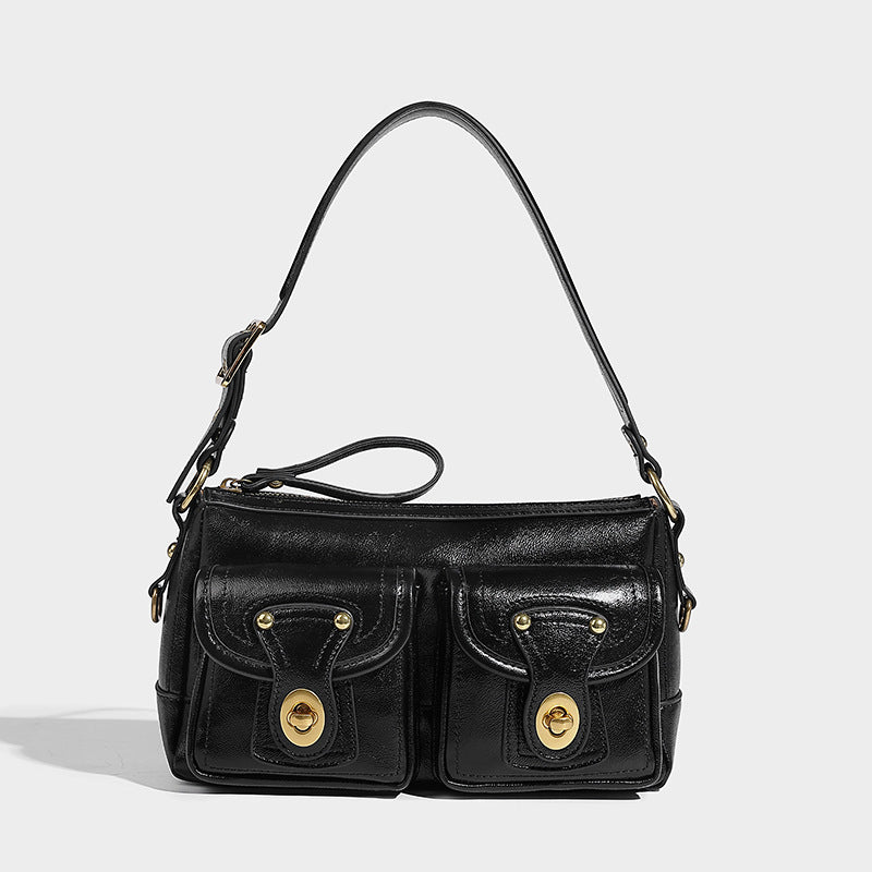 Beaira American retro niche design armpit bag double pocket handbag versatile for autumn and winter single shoulder sloping motorcycle bag