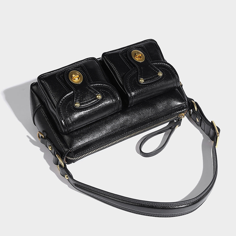 Beaira American retro niche design armpit bag double pocket handbag versatile for autumn and winter single shoulder sloping motorcycle bag