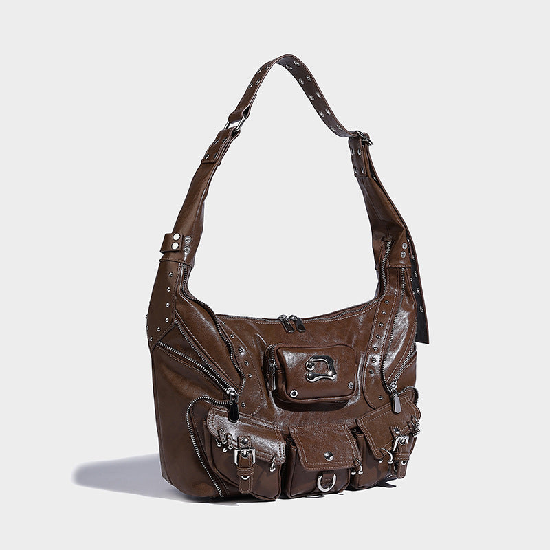 Beaira Sweet Cool Spicy Girl Fashion Versatile Single Shoulder Underarm Motorcycle Bag Heavy duty Rivet Multi Pocket Design Large Capacity Handbag