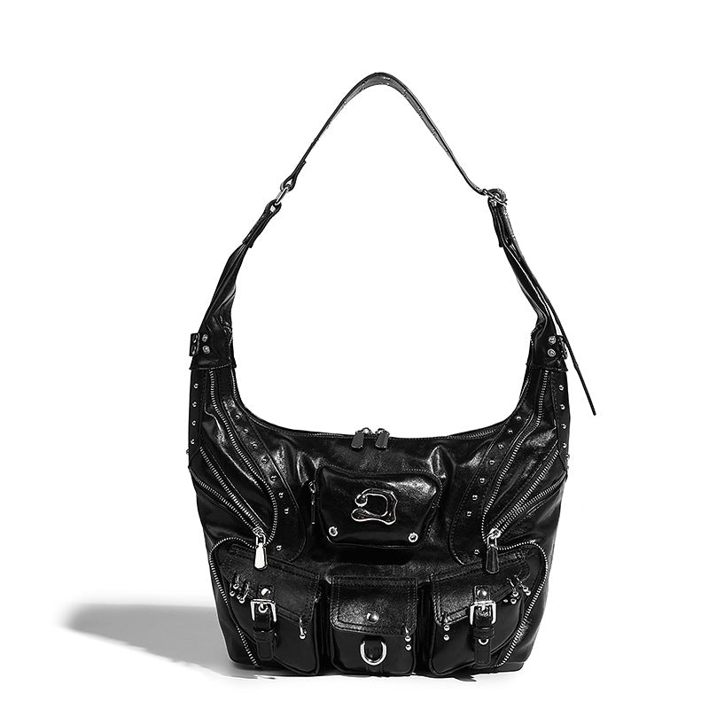 Beaira Sweet Cool Spicy Girl Fashion Versatile Single Shoulder Underarm Motorcycle Bag Heavy duty Rivet Multi Pocket Design Large Capacity Handbag
