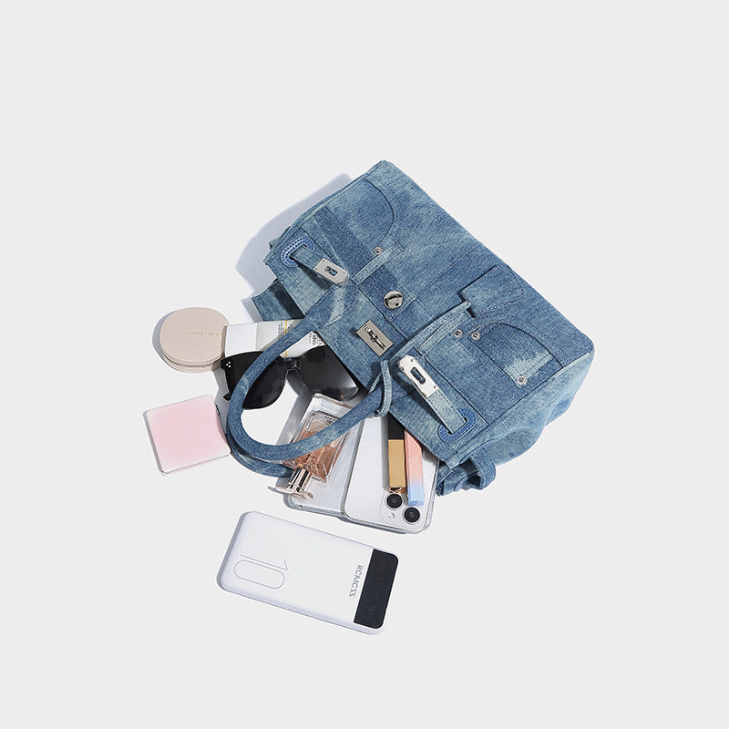 Beaira Small niche retro denim Kelly bag women's new high-end fashion handbag large capacity single shoulder crossbody bag