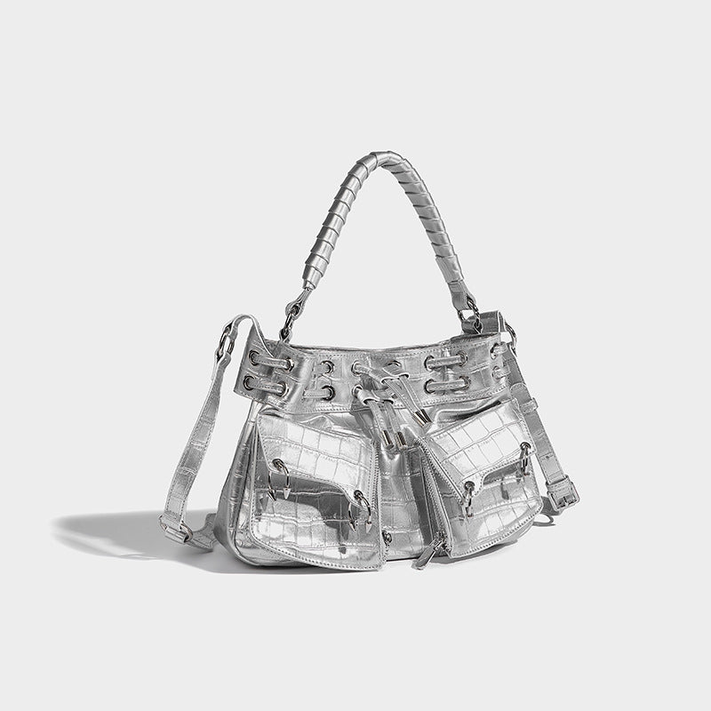 Beaira Summer new niche high-end silver crescent bag fashionable and versatile one shoulder armpit bag spicy girl motorcycle bag