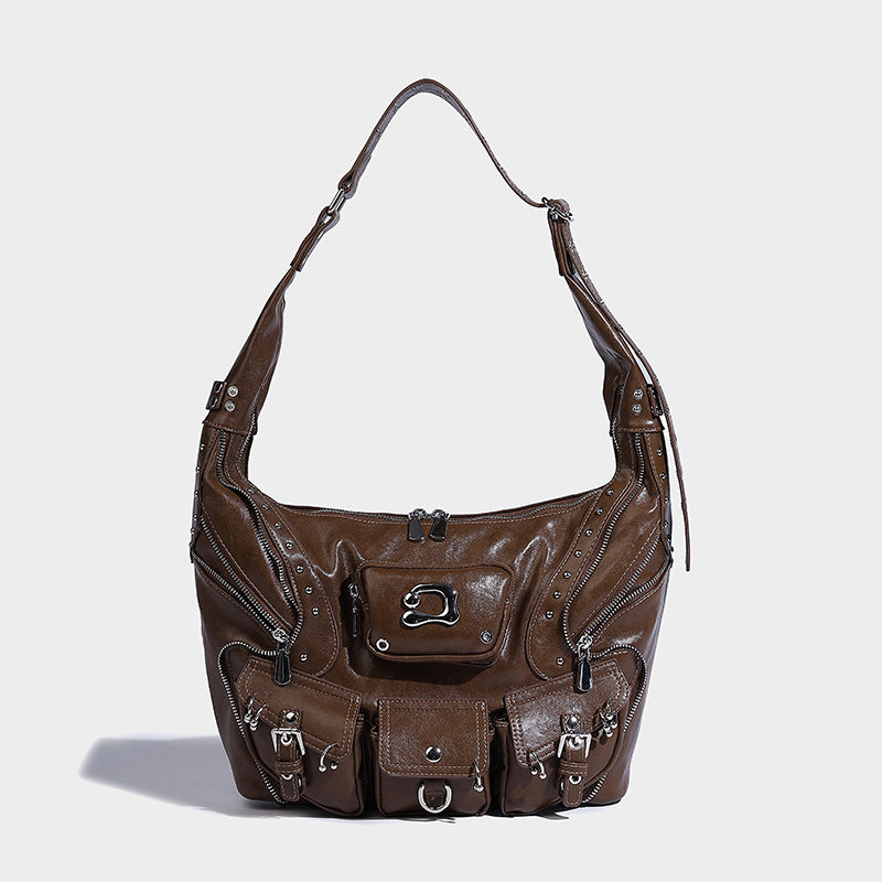 Beaira Sweet Cool Spicy Girl Fashion Versatile Single Shoulder Underarm Motorcycle Bag Heavy duty Rivet Multi Pocket Design Large Capacity Handbag