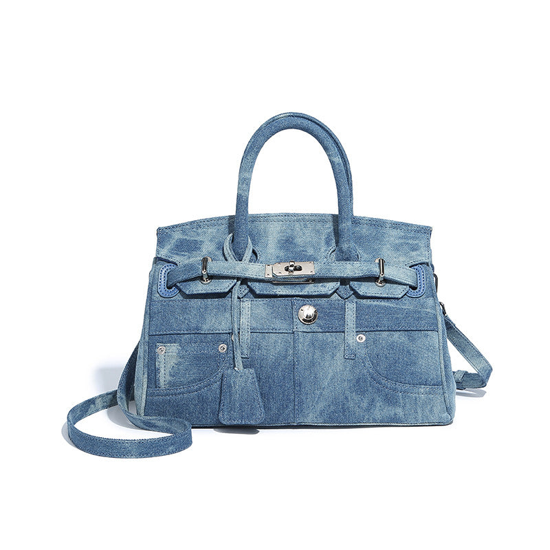 Beaira Small niche retro denim Kelly bag women's new high-end fashion handbag large capacity single shoulder crossbody bag